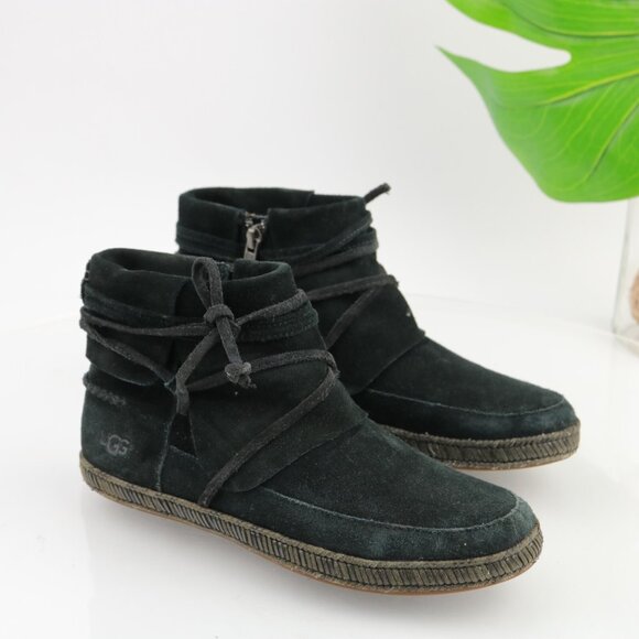UGG Womens Reid Boot Size 6 Black Suede Tie Wrap Cushioned Moc Casual Booties - Picture 12 of 12